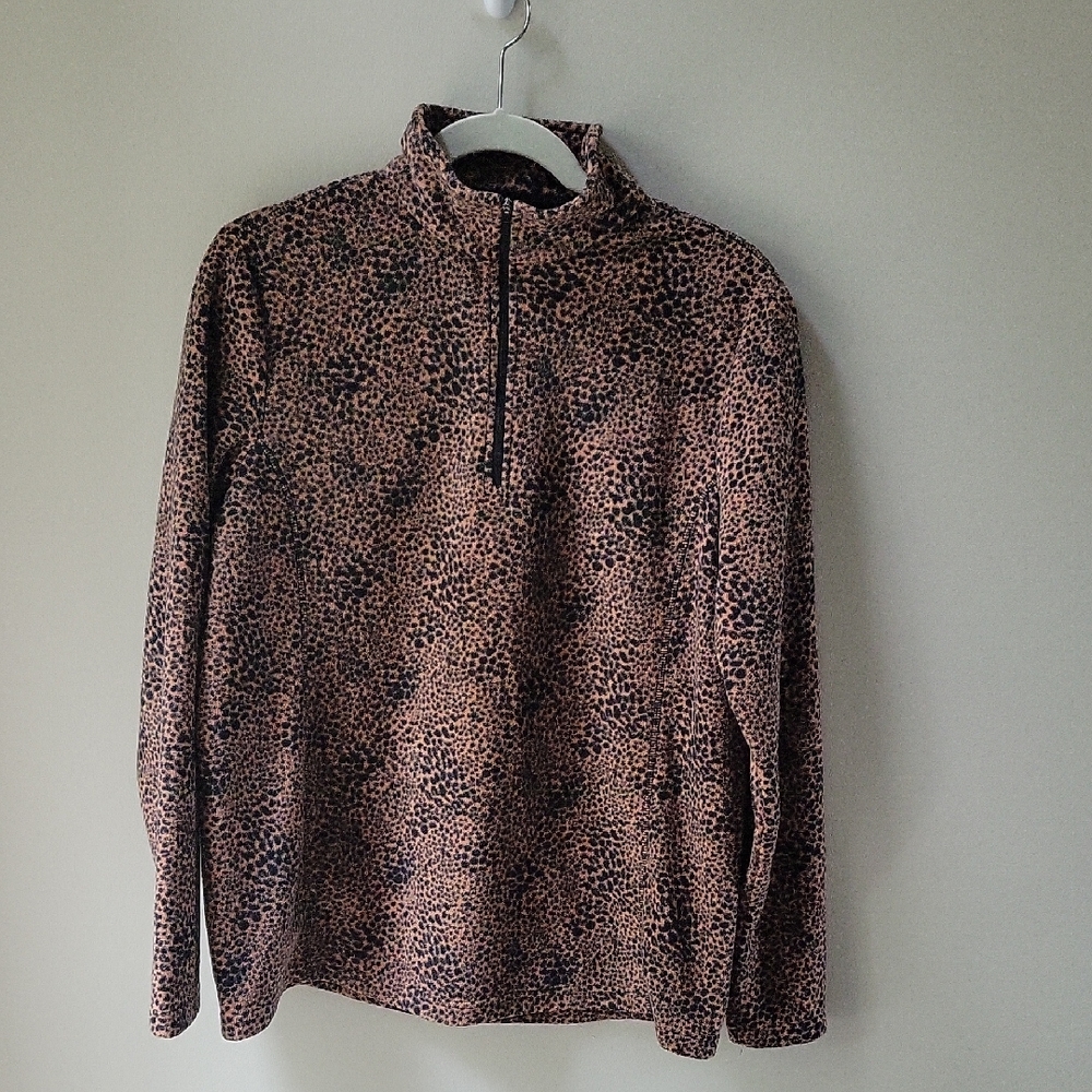 Lands' End Fleece Quarter Zip Up Leopard Print Women Medium